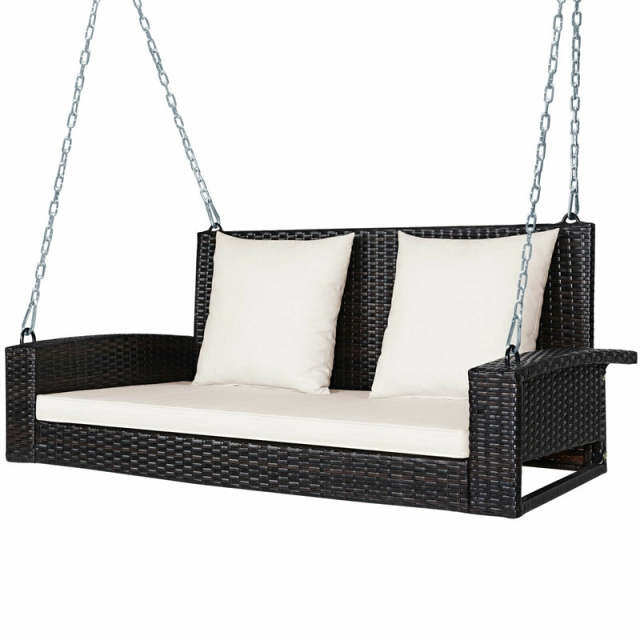 2-Person Wicker Patio Swing Bench with Removable Cushions & Reinforced Steel Chain, 800lbs Capacity Rattan Porch Swing for Backyard, Garden