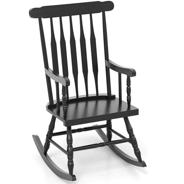 Solid Rubber Wood Patio Rocking Chair, Outdoor Porch Rocker with Slat Back & Glossy Finish for Garden, Backyard, Indoor Use