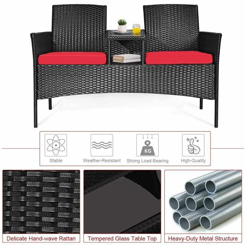 Modern Rattan 2-Seater Patio Furniture Set with Built-in Tempered Glass Table & Removable Cushions, Outdoor Furniture for Backyard, Garden