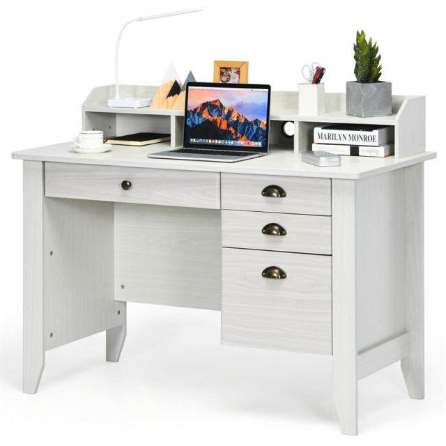 48" Wood Computer Desk with Hutch, 4 Storage Drawers & Shelves, Wooden Executive Desk for Home Office, Study Writing Desk for PC Laptop
