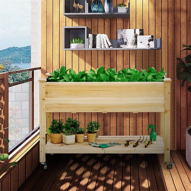 Elevated Wooden Garden Bed on Wheels, Raised Planter Box with Legs, Liner, Storage Shelf & Drainage Holes for Vegetables Flowers Herbs, Backyard Patio
