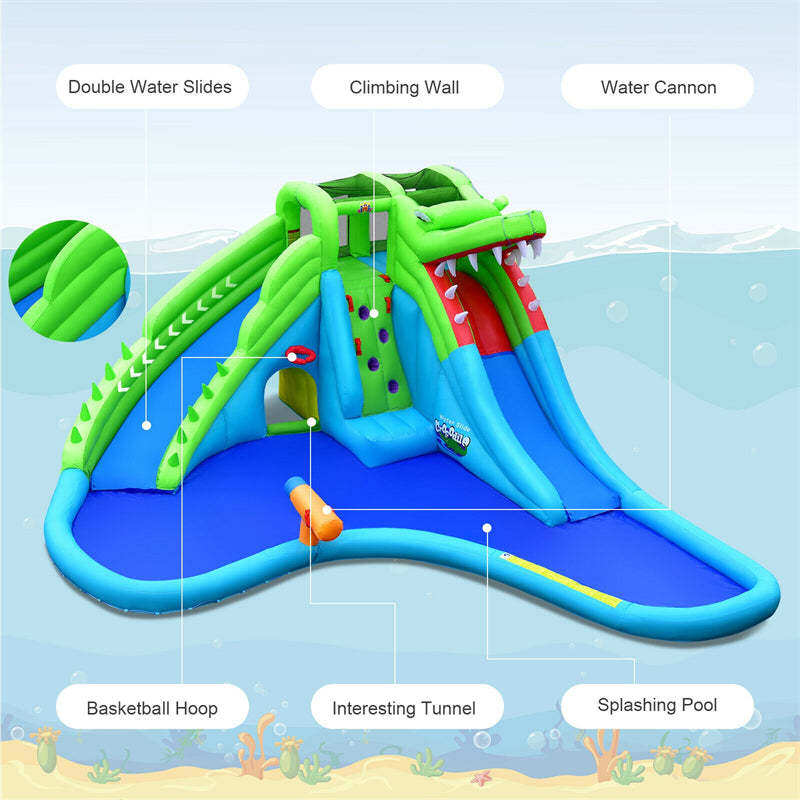 Inflatable Water Slide, Crocodile Mighty Bounce House Water Park with 780W Blower, Dual Slides & Splash Pool for Kids & Adults, Backyard Family Fun