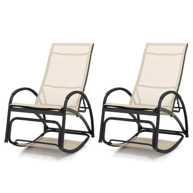 2PCS 2-in-1 Outdoor Rocking Chairs, Convertible Lounge Chairs with 4-Position Adjustable Backrest, Curved Armrest, Aluminum Frame for Poolside, Porch