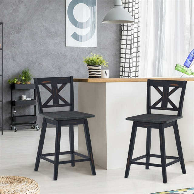 24" Rubber Wood Bar Stools Set of 2, 360° Swivel Counter Height Bar Chairs with Back & Non-Slip Foot Pads for Kitchen Island, Dining Room, Restaurant