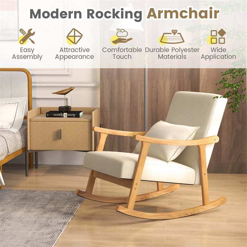 Upholstered Rocking Chair with Rubber Wood Frame, Lumbar Pillow, Padded Seat & Backrest, Modern Rocker for Living Room, Bedroom, Nursery, Office