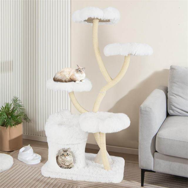 65" Tall Multi-Level Cat Tree, Freestanding Cat Tower w/2-in-1 Cat Condo, Plush Flower Platforms & Sisal Scratching Posts for Large Indoor Cats