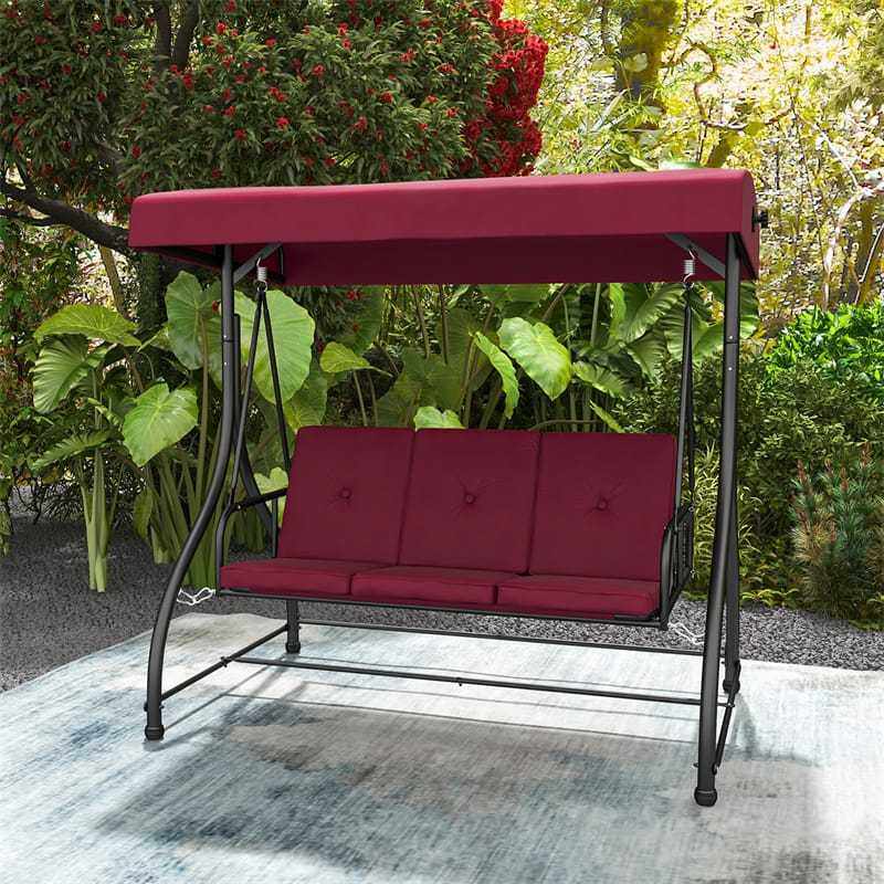 2-in-1 Convertible Patio Swing with Adjustable Canopy & Removable Cushions, Steel Frame 3-Person Outdoor Swing Bed for Deck/Backyard/Garden