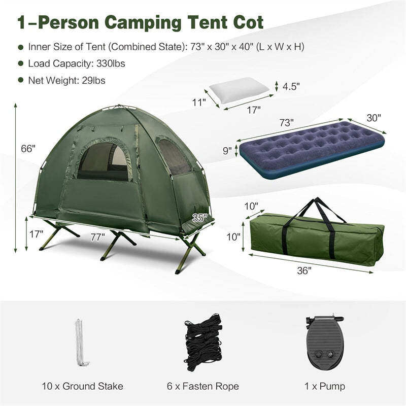 1 Person Folding Camping Tent Cot, 5-in-1 Elevated Off-Ground Tent with Air Mattress, Sleeping Bag, Pillow, Sunshade & Carry Bag for Outdoor Hiking