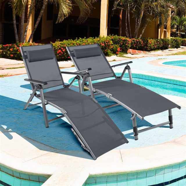 2PCS Aluminum Folding Chaise Lounge with Headrest Pillow, 8-Position Backrest & 2-Leg Adjustment, Reclining Lounge Chair for Poolside, Backyard, Beach