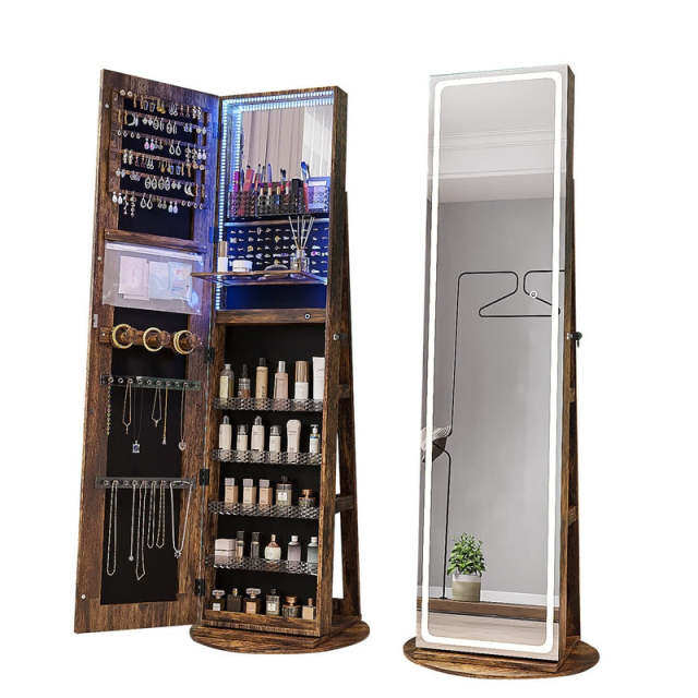 360° Swivel Jewelry Armoire with Full Length Mirror, Adjustable 3-Color LED Lights & Storage Rack, Lockable Standing Jewelry Cabinet Organizer
