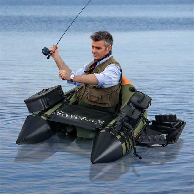 Inflatable Float Tube, Fishing Belly Boat with Fish Finder Holder, Rod Rack, Fish Ruler, Pump, 3 Detachable Storage Boxes, 350LBS Load Capacity