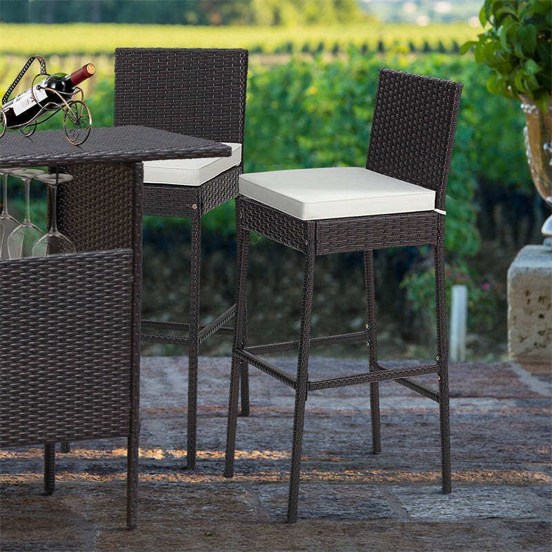 Wicker Outdoor Bar Stools Set of 4, Heavy-Duty Metal Frame Rattan Patio Bar Height Chairs w/ Cushions, Footrests for Backyard, Balcony