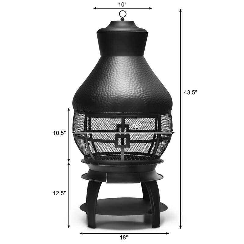 Wood Burning Chiminea, Cast Iron Outdoor Fireplace Fire Pit with 2-Piece Log Grate, 360° Fire Retardant Mesh Cover, Rain Cap & Poker for Garden Patio
