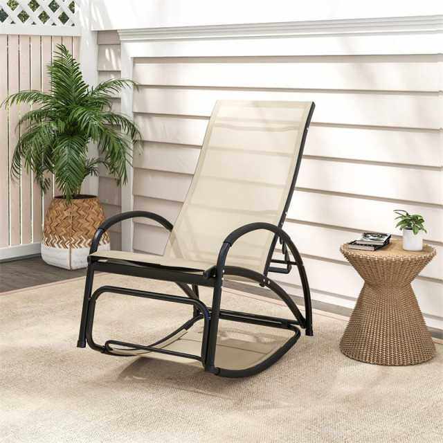 2-in-1 Outdoor Rocking Chair, Convertible Patio Lounge Chair with 4-Position Adjustable Backrest, Curved Armrests & Aluminum Frame for Poolside, Porch