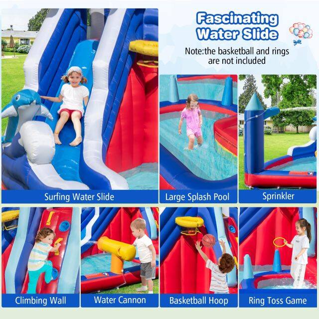 Inflatable Water Slide, Dolphin Theme Kids Bounce House Water Park w/Long Slide