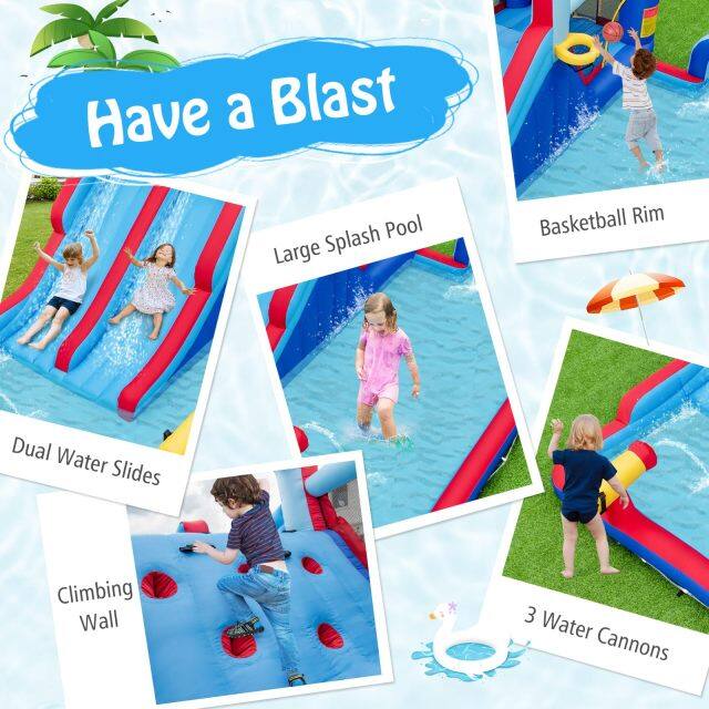 Water Slide Park, 5-in-1 Inflatable Jumping House w/Dual Slides, Climbing Wall, Splash Pool