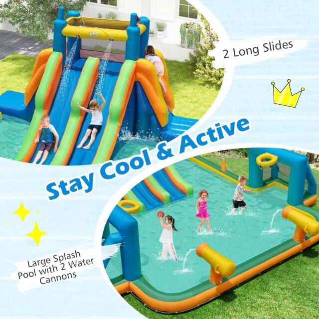 Inflatable Water Slide, Kids Blow up Water Park w/2 Long Slides, Climbing Walls, Splash Pool