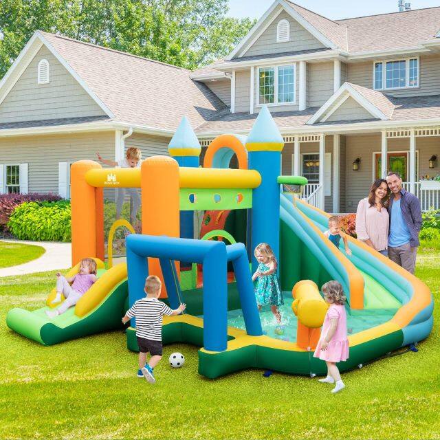Inflatable Water Slide, Blowup Water Park w/Dual Slides, Splash Pool, Climbing Wall