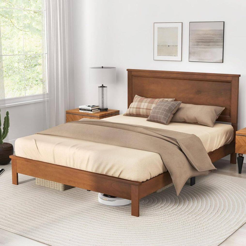 KOMFOTT Wood Platform Bed Frame with Headboard, Mid Century Platform Bed Frame with Solid Wood Legs & Wooden Slat Support