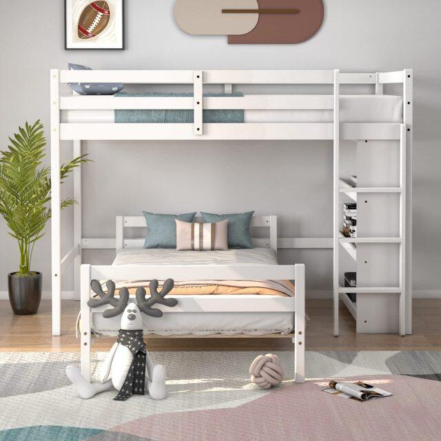 KOMFOTT Twin Over Twin Bunk Bed, Convertible Wooden Loft Bed with 3-Tier Bookcase, Can be Separated into 2 Beds