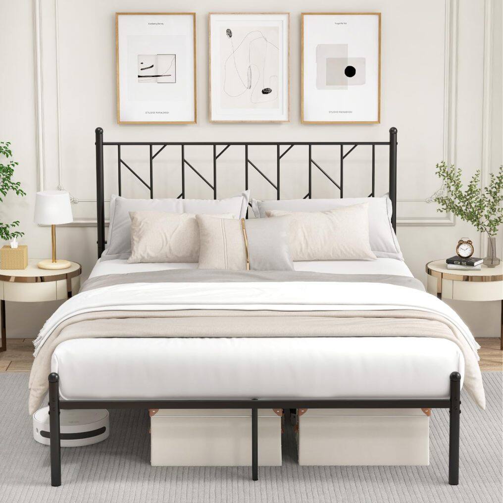 KOMFOTT Metal Bed Frame with Victorian Style Headboard, 14 Metal Slats Support