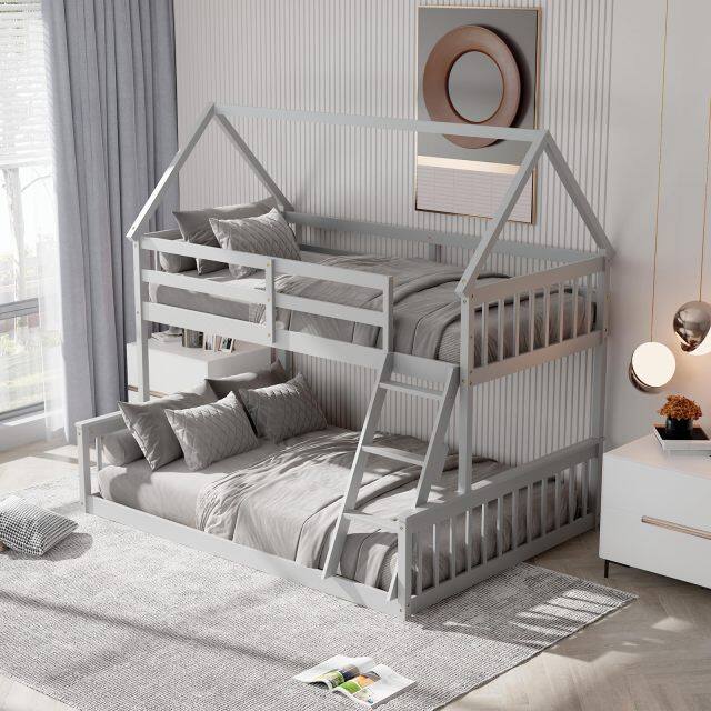 KOMFOTT Twin Over Full Wood House Bunk Bed with Integrated Ladder & Safety Guardrails, Convertible to 2 Beds