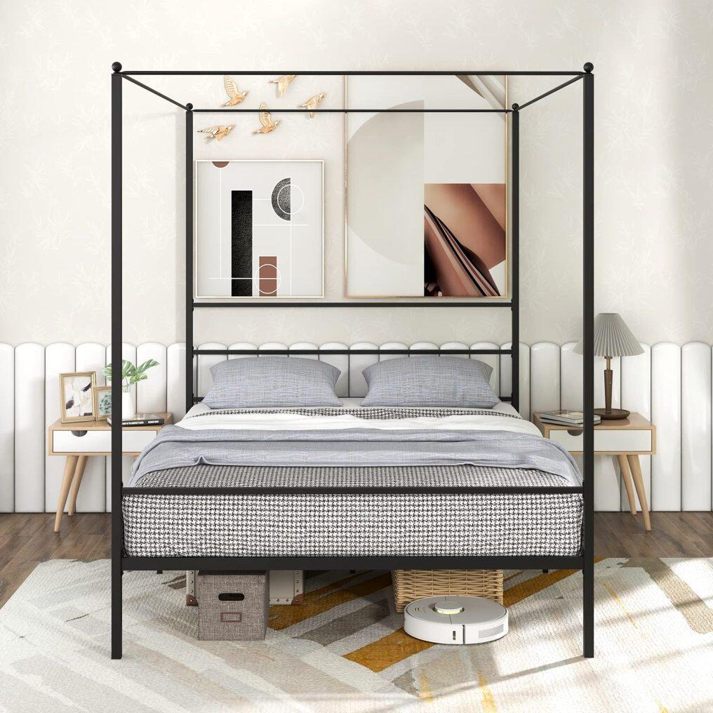 KOMFOTT Metal Canopy Bunk Bed, Modern 4 Poster Canopied Platform Bed with Headboard