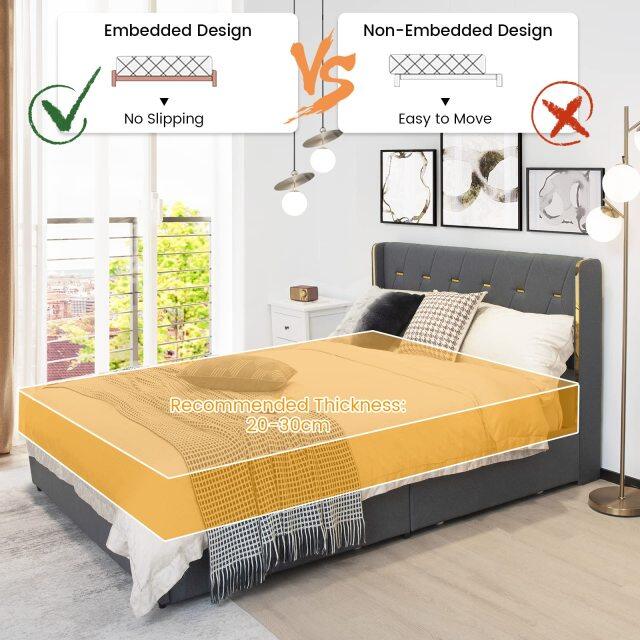 KOMFOTT Full/Queen Upholstered Bed Frame with 4 Rolling Storage Drawers, Space Saving PU Leather Bed Frame