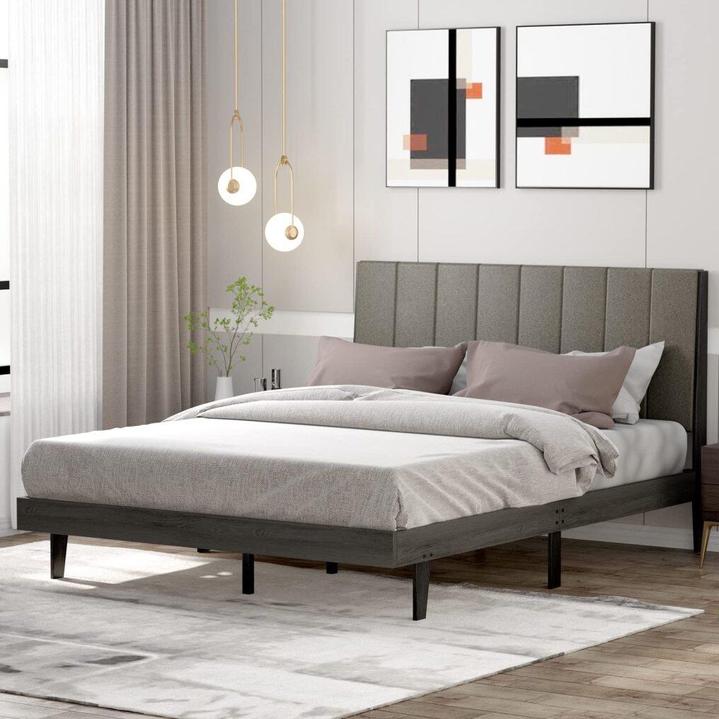 KOMFOTT Upholstered Bed Frame, Wooden Slats Support, Queen Mattress Foundation with Tufted Headboard