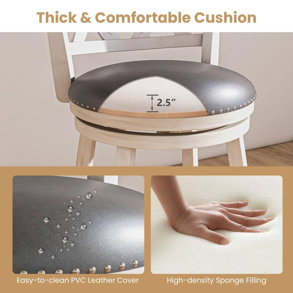 KOMFOTT 25.5" Bar Stools Set of 2/4, Swivel Counter Height Stools with Back, 20" Wide Padded Seat, Rubber Wood Frame