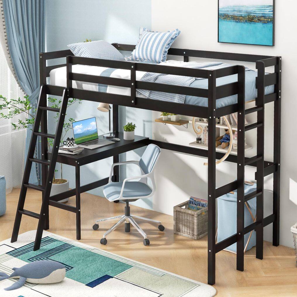 KOMFOTT Twin Size Loft Bed with Desk, 2 Ladders