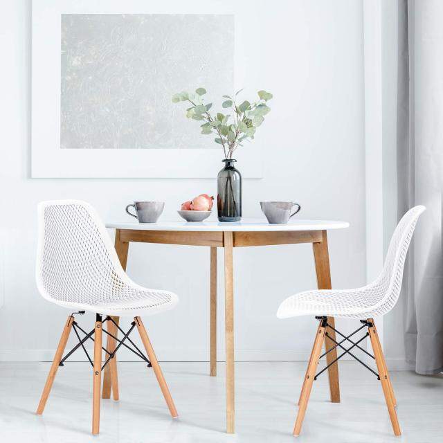 KOMFOTT Set of 2/4 Modern Dining Chairs, Outdoor Indoor Shell PP Lounge Side Chairs with Mesh Design, Beech Wood Legs