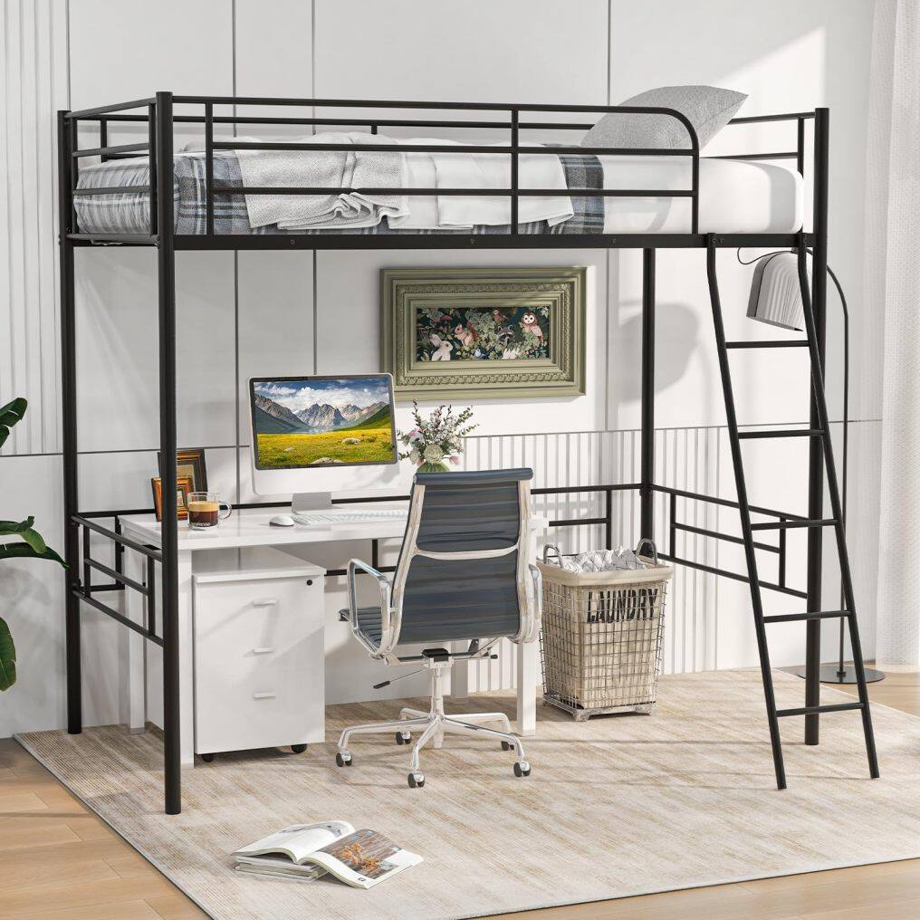 KOMFOTT Twin Size Loft Bed, Metal Loft Bed Frame with Ladder & Safety Guardrail