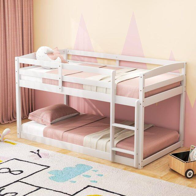 KOMFOTT Twin Over Twin Solid Wood Low Bunk Bed with Full Guardrails & Integrated Ladder