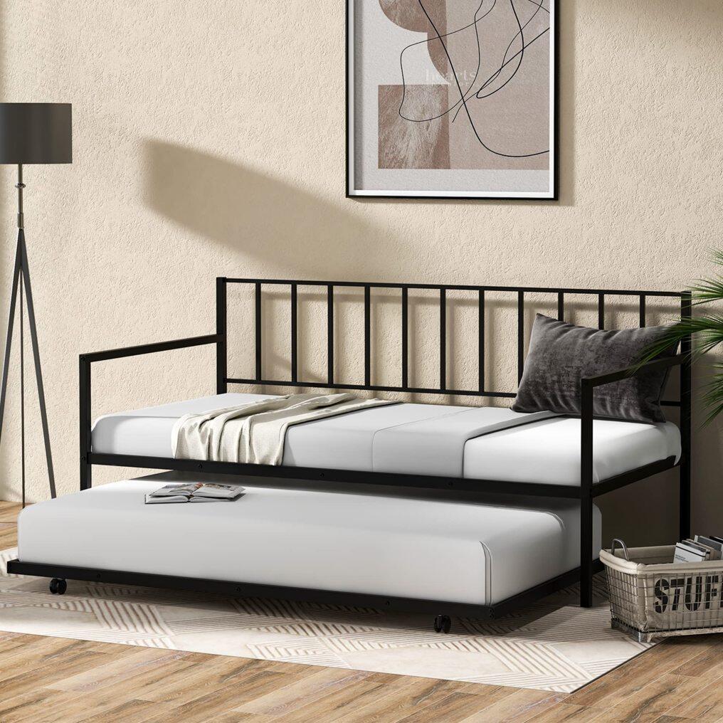 KOMFOTT Twin Metal Daybed with Trundle, Metal Sofa Bed & Pull-Out Trundle Set with Lockable Casters