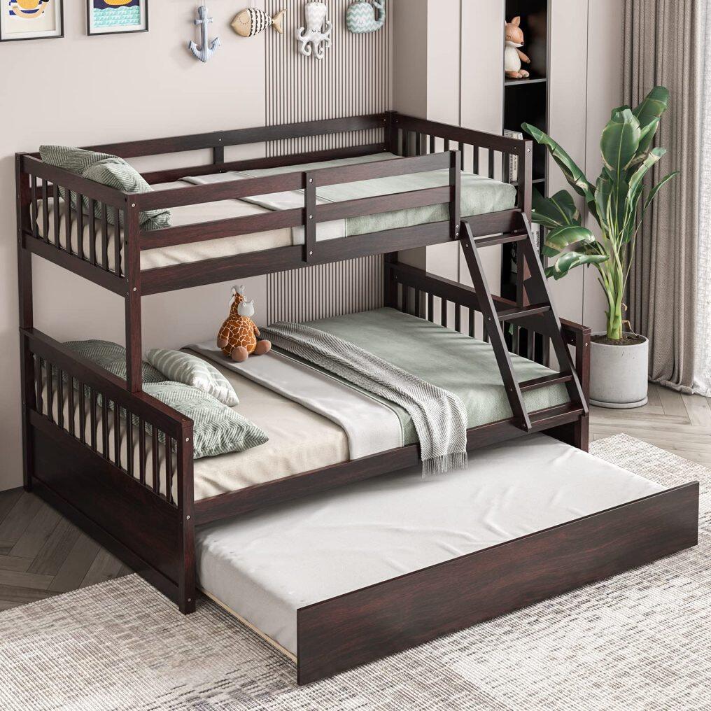 KOMFOTT Wood Twin Over Full Bunk Bed with Solid Pine Wood Frame