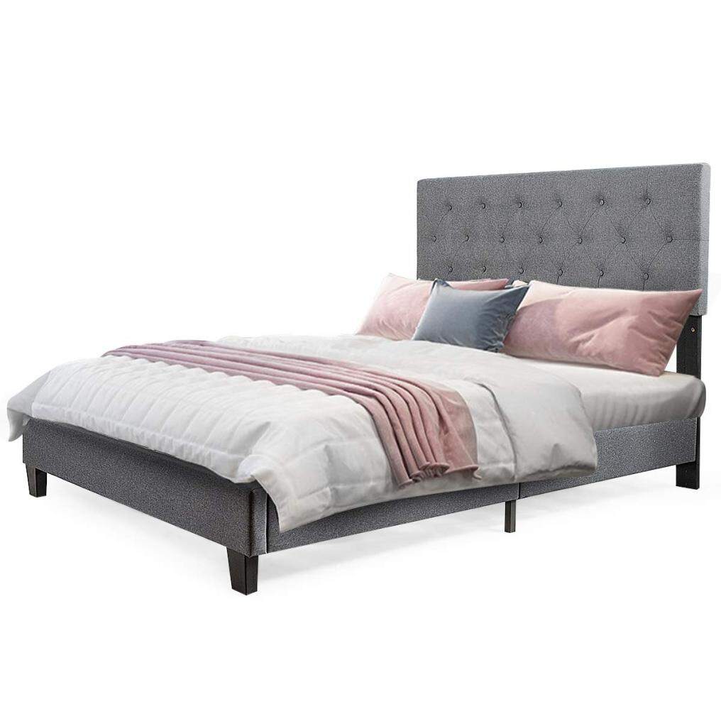 KOMFOTT Shalini Upholstered Panel Platform Bed Frame with Diamond Stitched Linen Panel Headboard