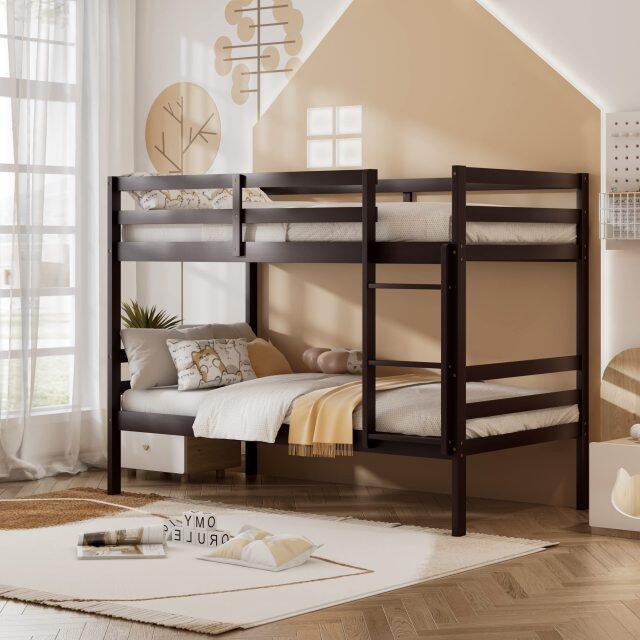 KOMFOTT Twin Over Twin Wood Bunk Bed with Ladder & Safety Guardrail