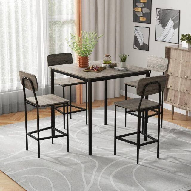 KOMFOTT 5 Piece Dining Table Set with Counter Height Table & 4 Bar Stools, Industrial Kitchen Dining Table Set with Footrest & Backrest