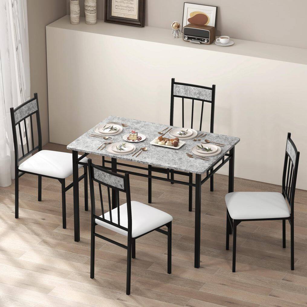 KOMFOTT 5 Piece Dining Table Set, Modern Rectangular Dining Table & Upholstered Chair Set w/Marble Tabletop