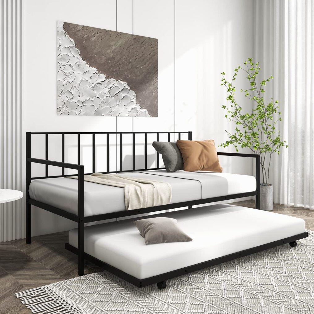 KOMFOTT Twin Metal Daybed with Trundle, Metal Sofa Bed & Pull-Out Trundle Set with Lockable Casters