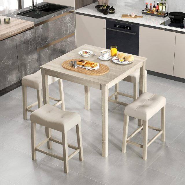 KOMFOTT 5-Piece Bar Table Set, Square Breakfast Set for 4 w/Padded Stools