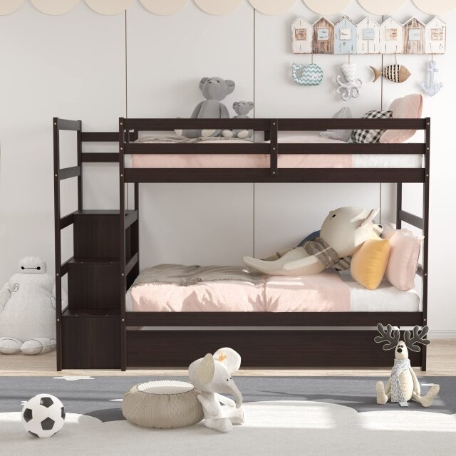 KOMFOTT Twin Over Twin Bunk Bed with Trundle & Staircase, Storage Shelves & Drawer