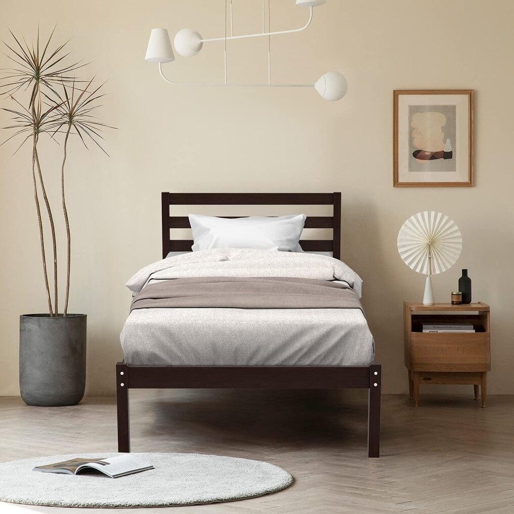 KOMFOTT Wood Platform Bed Frame, Paneled Headboard, Wood Slat Support