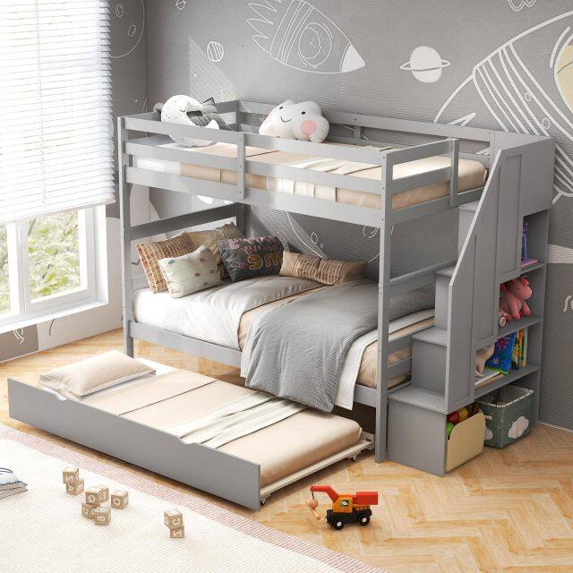 KOMFOTT Twin Over Twin Wood Bunk Bed with Trundle & Storage Stairs, Convertible to 2 Separated Beds