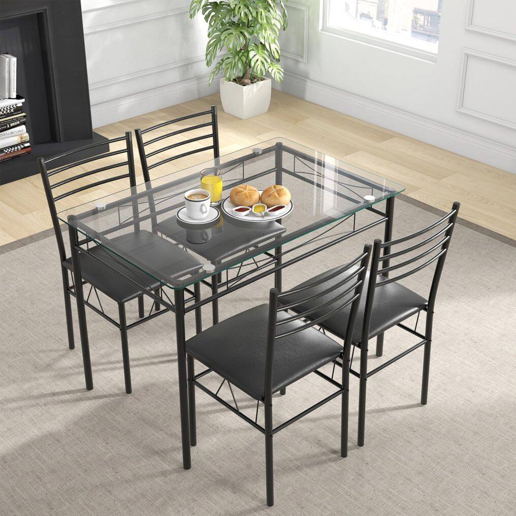 KOMFOTT 5 Piece Dining Table Set with Tempered Glass Table Top and 4 Upholstered Chairs