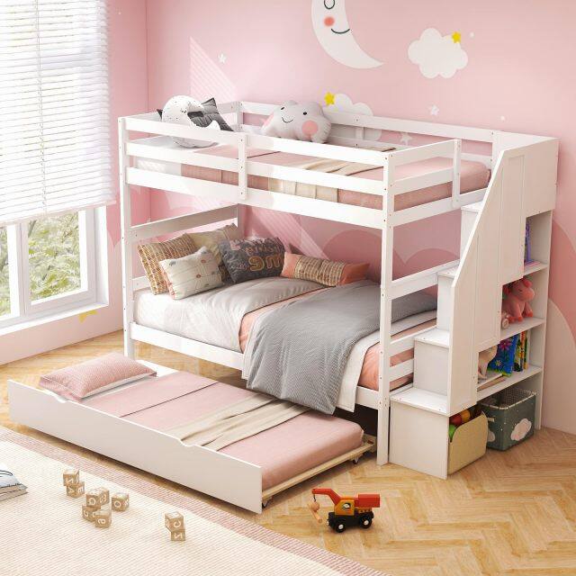 KOMFOTT Twin Over Twin Wood Bunk Bed with Trundle & Storage Stairs, Convertible to 2 Separated Beds