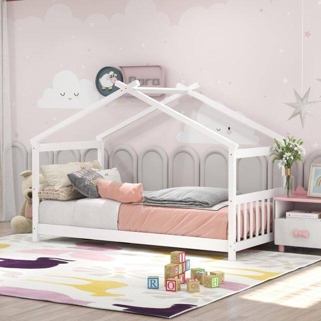 KOMFOTT Twin Floor House Bed with Headboard & Footboard