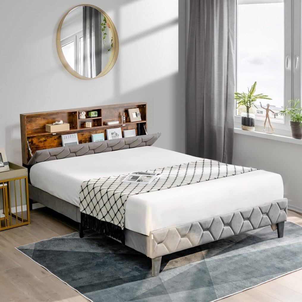 KOMFOTT Upholstered Full/Queen Bed Frame with Storage Headboard, Platform Bed Frame