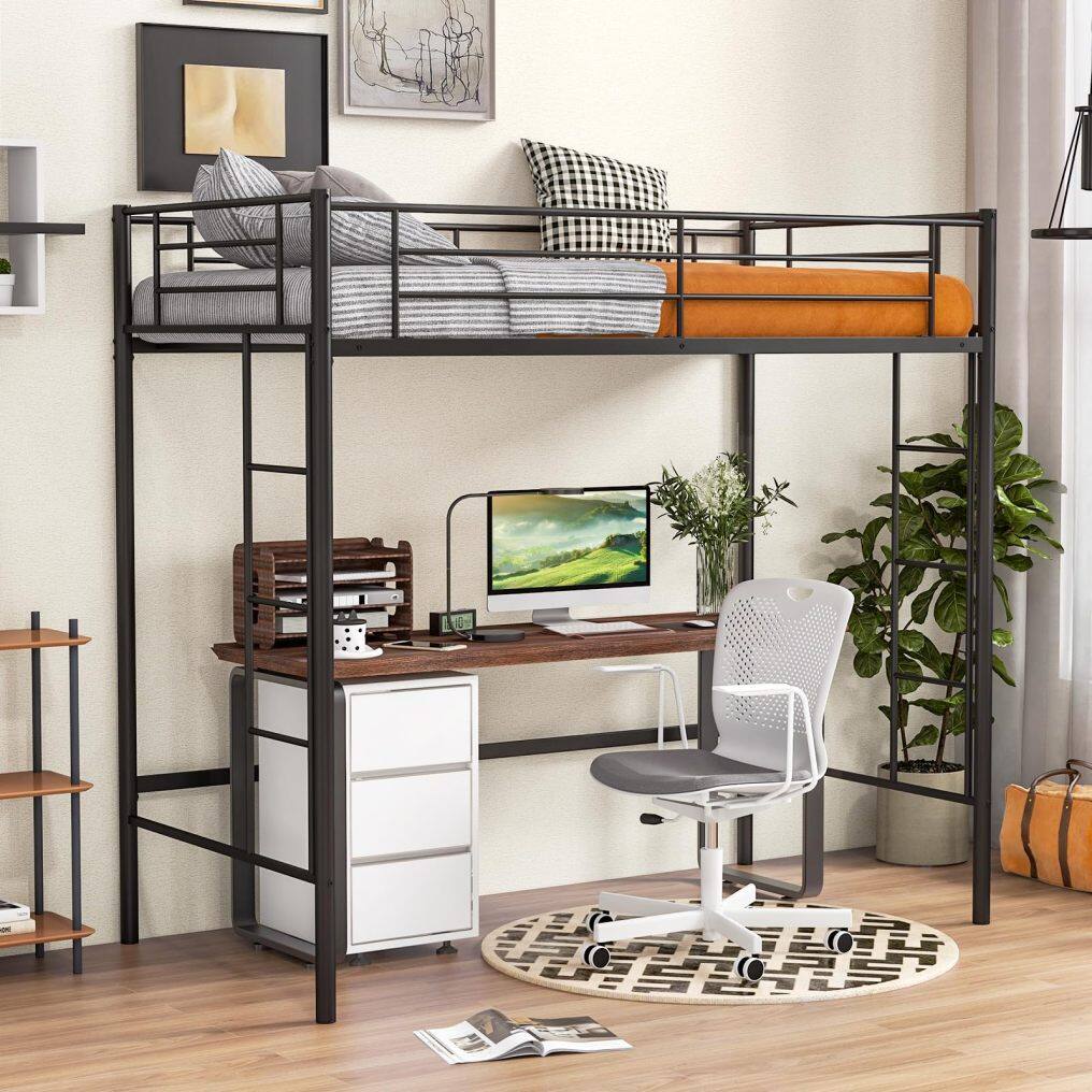 KOMFOTT Twin Size Metal Loft Bed with Both Side Ladders & Safety Guardrails